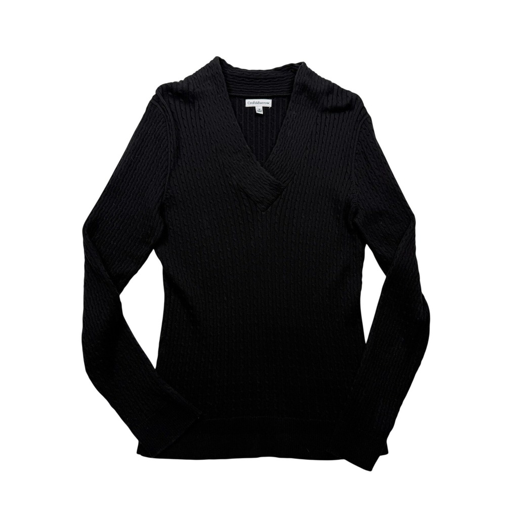 Vintage Y2K Croft & Barrow Black Cable Knit Shawl Collar Cotton Sweater M